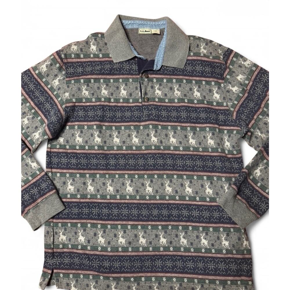 Vintage LL Bean Pullover Button Up Shirt Men’s Size L Christmas Design Aztec